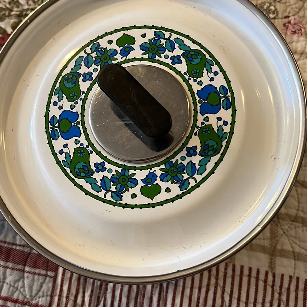 Enamel Fancipans MCM mid century blue green tulips birds saucepan lid